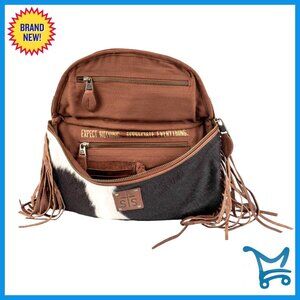 Leather Sling Bag with Fringe Adjustable Strap Interior Pockets